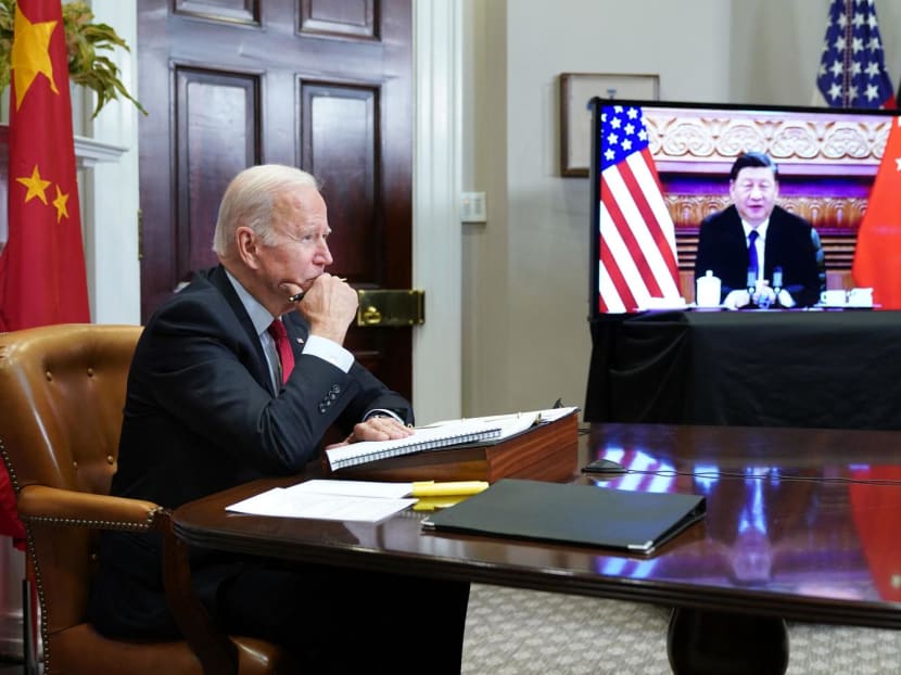US President Joe Biden meets with China's President Xi Jinping during a virtual summit from the White House in Washington on Nov 15, 2021.