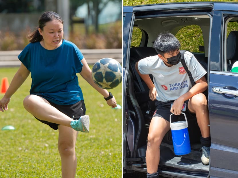 (Left) On some Saturday mornings, Ms Tan takes the girls to East Coast Park to play football. (Right) Mr Affendi drops Nazhan off at his training at football academy JSSL Singapore for goalkeeping training on Saturdays.