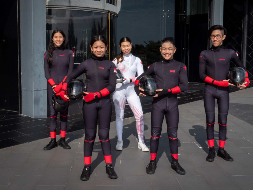 From left: Isabelle Koh, Vera Poh, Kyra Poh, Kai Minejima Lee and Jordan Lee at iFly Singapore on March 21, 2022.