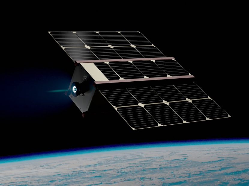 A three-dimensional image rendering of a satellite, powered by Singapore start-up Aliena’s engine, in Earth’s orbit.