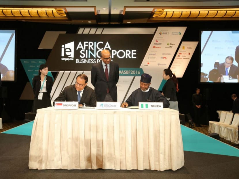 Mr Iswaran (left) during the signing ceremony yesterday. The agreements come at a time of growing interest among Singapore firms to explore opportunities in Africa. Photo: IE Singapore