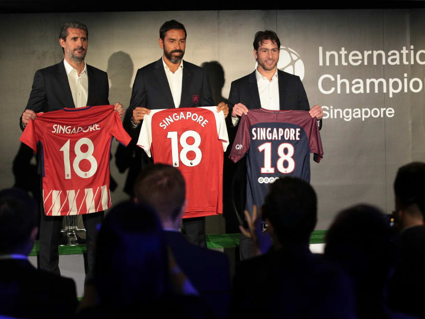 Football legends Jose Luis Caminero (Atletico Madrid), Robert Pires (Arsenal), and Maxwell Scherrer (PSG) were in town on April 17 to launch the 2018 International Champions Cup in Singapore.