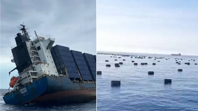 高雄港外货轮倾斜沉没 超过1300货柜漂海上