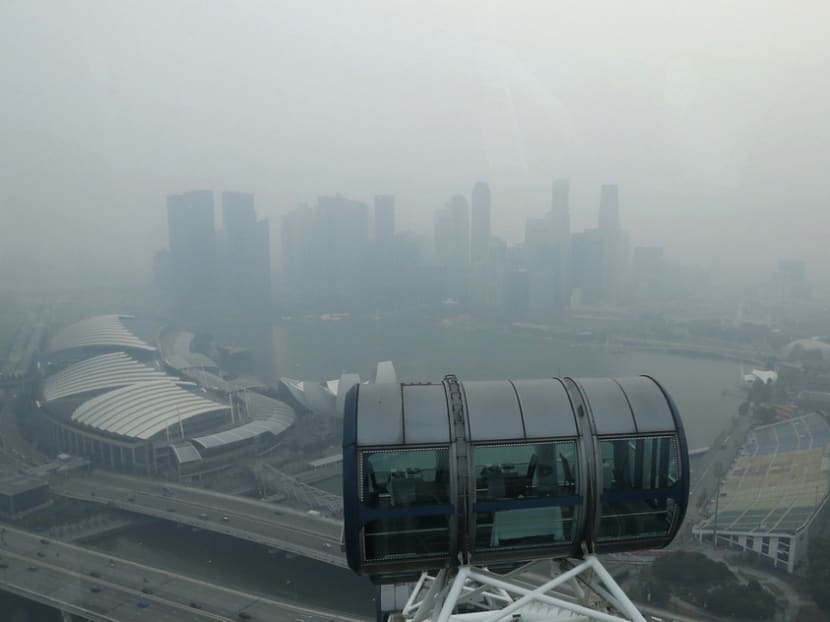 The view from the Singapore Flyer yesterday, when air quality reached unhealthy levels. The 24-hour PSI is expected to be in the low to middle range of the unhealthy band today. Photo: Ernest Chua