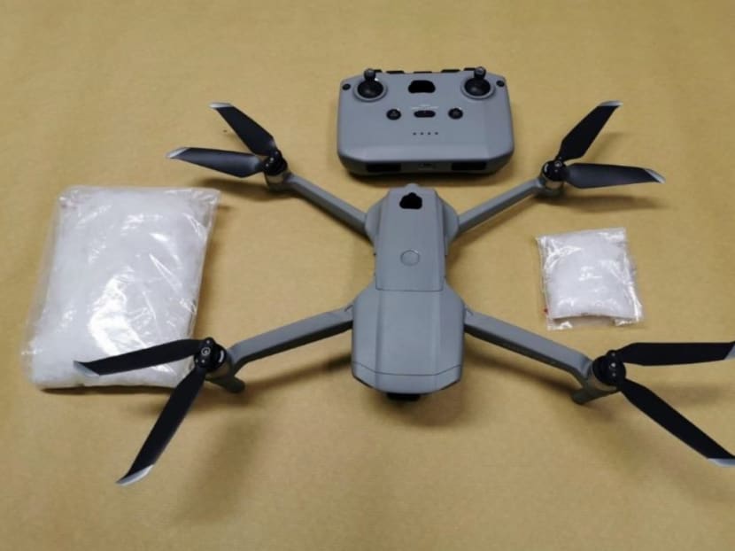 The drone and drugs seized by CNB on June 17, 2020. The drone and drugs seized by CNB on June 17, 2020.