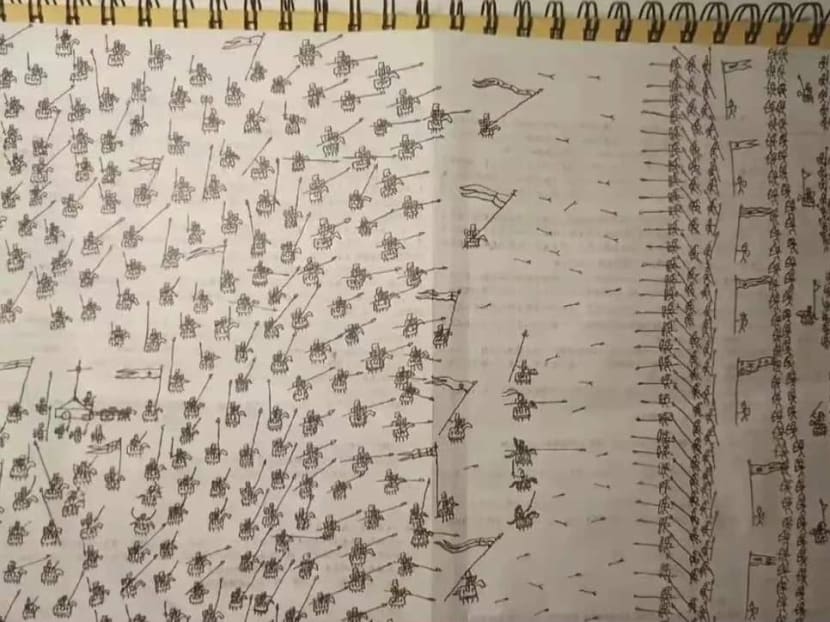 A mother in Taiwan was shocked to find this detailed drawing when she looked into her son's schoolbag to figure out why he had been performing poorly in tests at school. A mother in Taiwan was shocked to find this detailed drawing when she looked into her son's schoolbag to figure out why he had been performing poorly in tests at school.