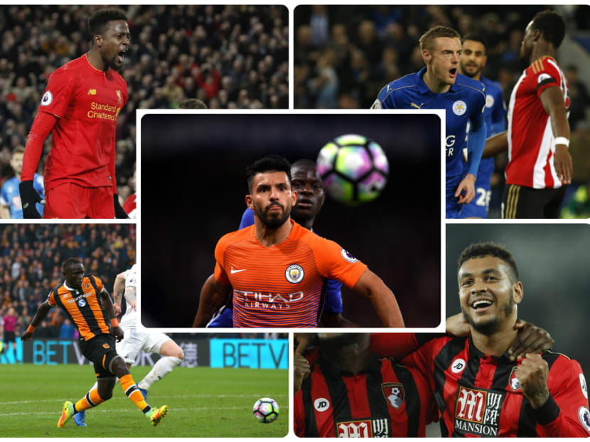 Divock Origi (top left), Jamie Vardy (top right), Oumar Niasse (bottom left), Josh Kin g(bottom right) and Sergio Aguero (centre) are the sizzling hot strikers to look out for in this weekend's Premier League matches. Photos: AP, Getty Images, Reuters