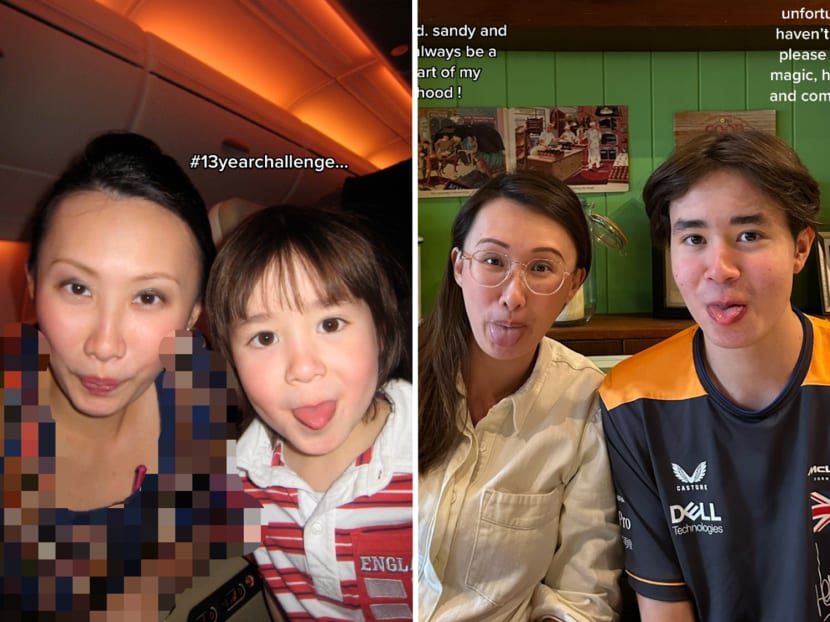 Dominick O'Donnell and flight attendant Sandy recreated a photo (right), based on one taken 13 years ago (left) when they first met on board a Singapore Airlines flight from London to Singapore.