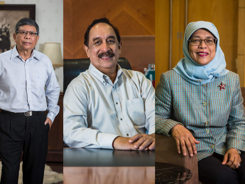 The other three presidential hopefuls are (from left): Chief executive of Second Chance Properties Mohamed Salleh Marican, 67; chairman of marine services provider Bourbon Offshore Asia Pacific Farid Khan, 62; and former Speaker of Parliament Halimah Yacob, 62. TODAY file photo