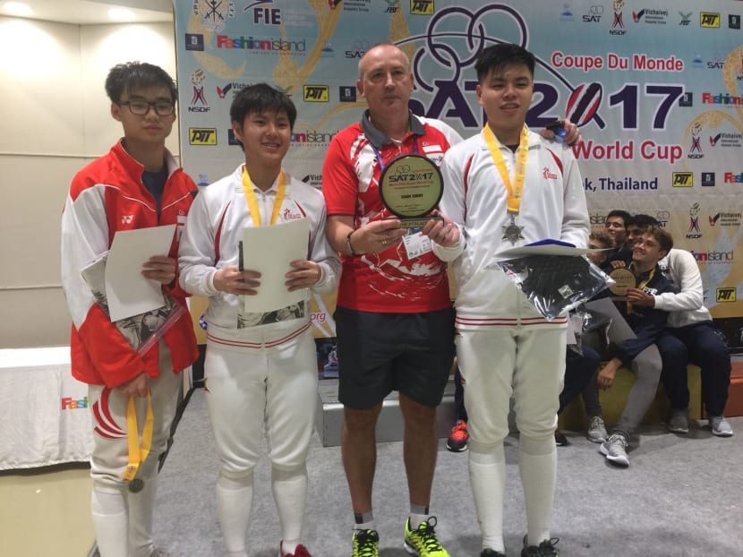 The silver medal finish for 17-year-olds Darren Tan, Yeo Jing Zhe and Jonathan Au Eong represents the Republic’s all-time best showing on the prestigious circuit for any weapon. Photo: Yeo Siew Wan