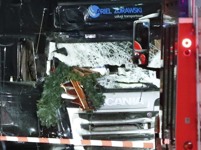Parts of a Christmas market decoration stick in the windscreen of a truck following an accident with the truck on Breitscheidplatz square near the fashionable Kurfuerstendamm avenue in the west of Berlin, Germany, Dec 19, 2016. Photo: Reuters