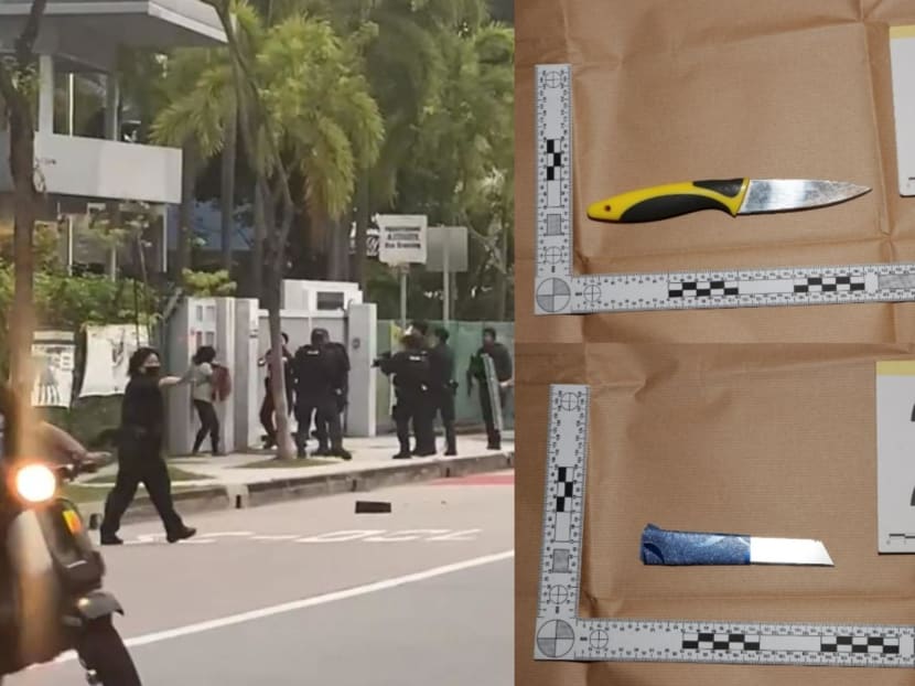 A composite of a screengrab of the incident outside St Hilda’s Secondary School on Monday evening, as well as the two knives seized by the authorities after the woman’s arrest. A composite of a screengrab of the incident outside St Hilda’s Secondary School on Monday evening, as well as the two knives seized by the authorities after the woman’s arrest.
