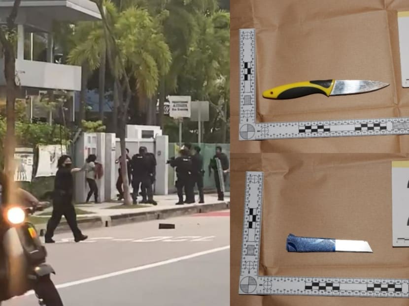 A composite photo showing a scene outside St Hilda’s Secondary School (left) when the police responded to a call for help, as well as the two knives seized by the authorities after Juliana Abdul Kadir's arrest. 