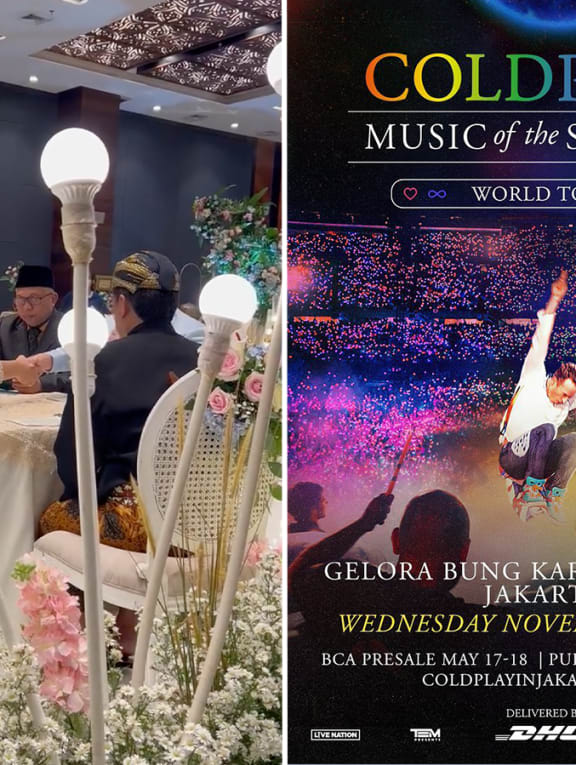 An Indonesian couple’s solemnisation ceremony (left) where a dowry was presented to the bride, who received tickets to watch British band Coldplay in concert (right).