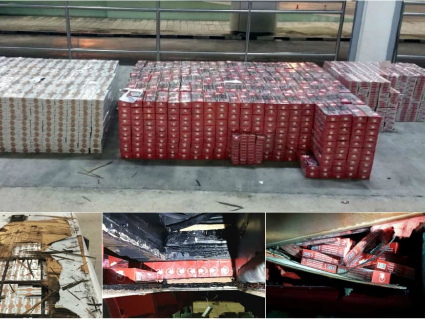 The total amount of cigarettes seized (top), which were hidden in the roof compartment (bottom left), the air con duct (bottom, middle) and the roof luggage compartment. Photo: Immigration & Checkpoints Authority