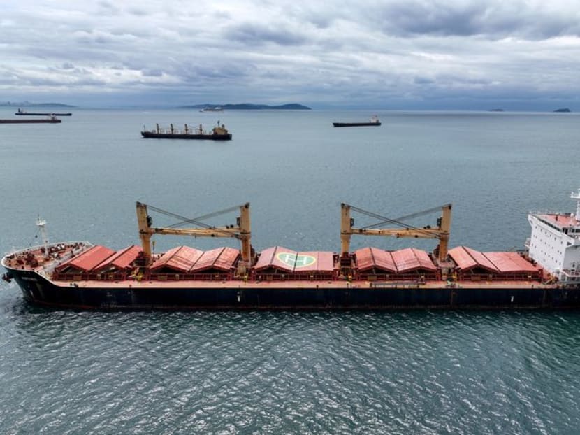 FILE PHOTO: Amfitriti, a bulk carrier part of the Black Sea grain deal, and other commercial vessels wait to pass the Bosphorus strait off the shores of Yenikapi in Istanbul, Turkey, May 10, 2023. REUTERS/Mehmet Emin Caliskan