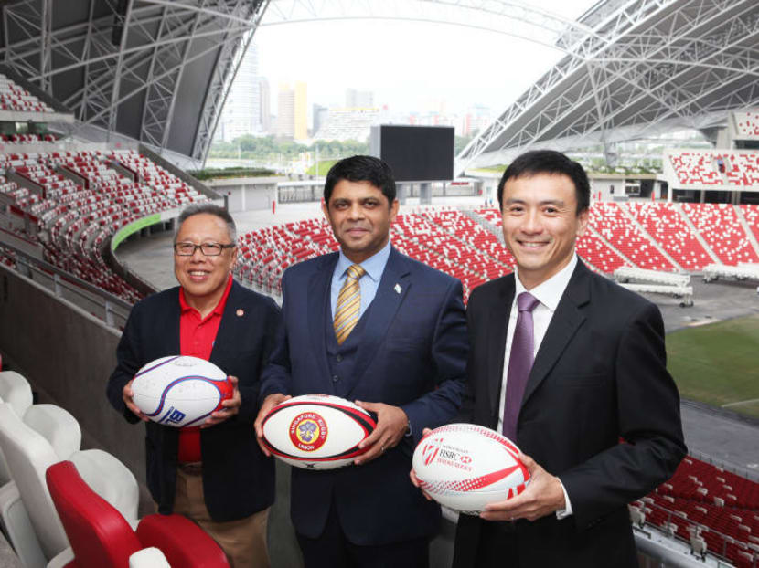 Singapore Rugby Union president Low Teo Ping posing for a photo with Fijian Civil Aviation Minister Sayed-Khaiyum and ESG Managing Director Terence Khoo at a sponsorship event. TODAY FILE PHOTO