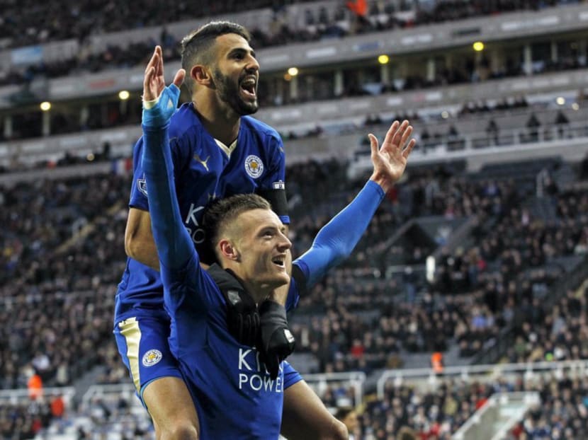 Jamie Vardy celebrating with Riyad Mahrez after scoring a goal for Leicester City. A win for the Foxes against West Ham would take them closer to Premier League immortality. Photo: REUTERS