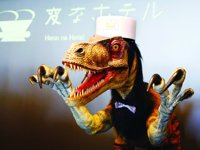 The front-desk dinosaur robot at Henn na Hotel in Sasebo, south-western Japan, which uses technology to highlight innovation and save manpower costs . Photo: AP