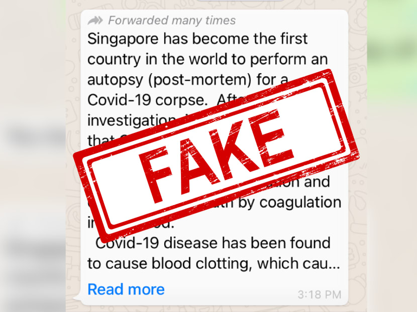 A version of the message circulating on WhatsApp claimed that Singapore has become the first country in the world to perform an autopsy on a Covid-19 corpse.
