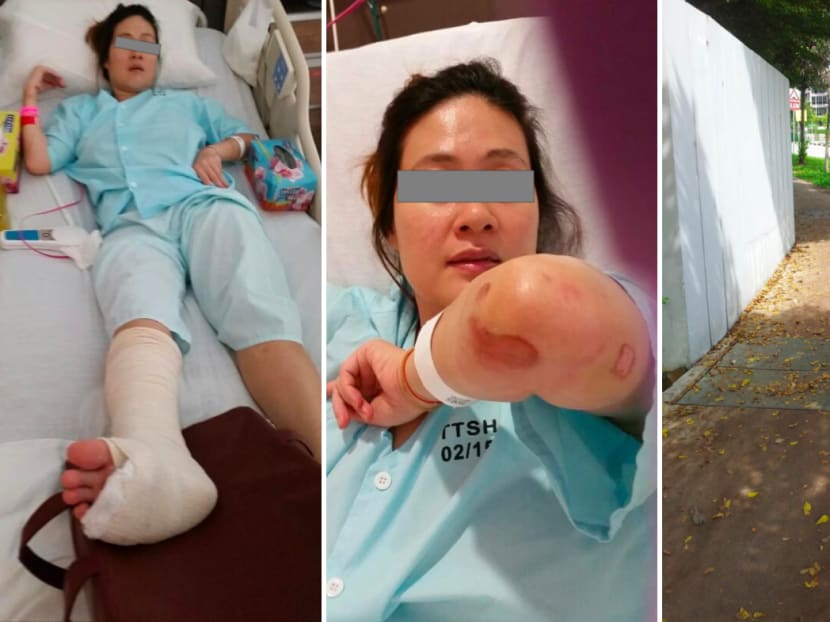Ms Chan Hui Peng pictured in hospital (left and centre) after she fell into a manhole (far right).