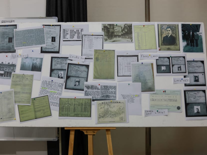 A board with information about the Titanic's Chinese survivors is seen during an interview with Mr Arthur Jones, director of the documentary The Six in Shanghai, China on April 20, 2021.