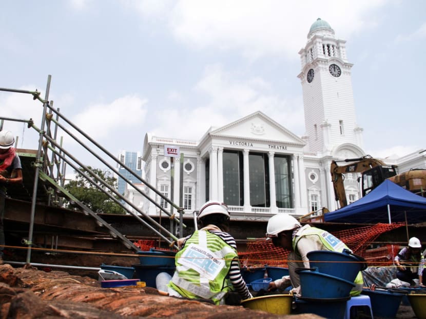 An archaeological excavation in front of the Victoria Theatre and Concert Hall at Empress Place. TODAY file photo