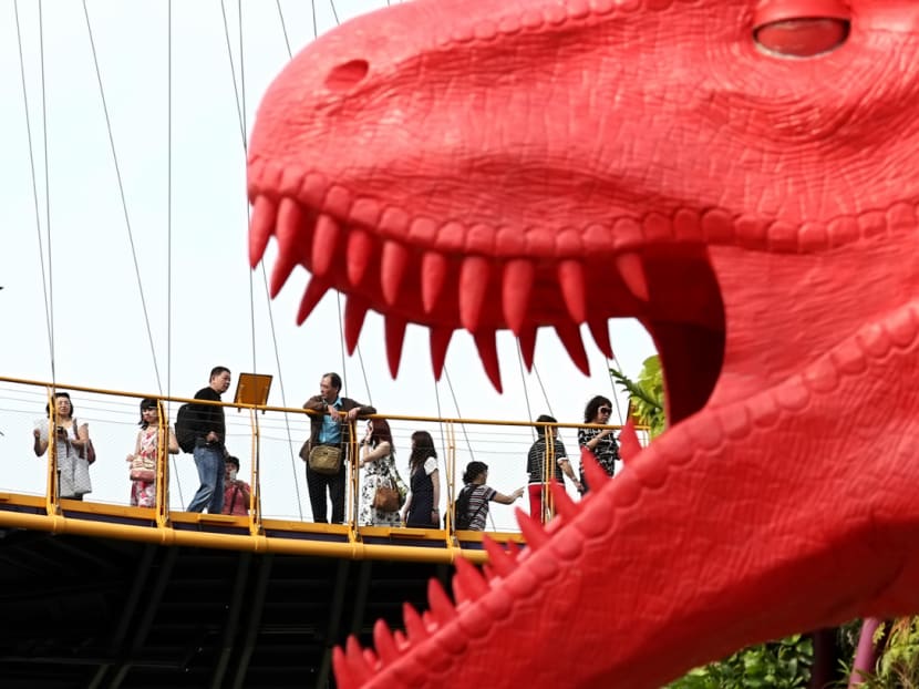 11 multi-coloured life-sized dinosaurs sculptures have been installed in Gardens by the bay, as part of the Children's Festival which begins on March 2. Photo: Nuria Ling/TODAY 11 multi-coloured life-sized dinosaurs sculptures have been installed in Gardens by the bay, as part of the Children's Festival which begins on March 2. Photo: Nuria Ling/TODAY