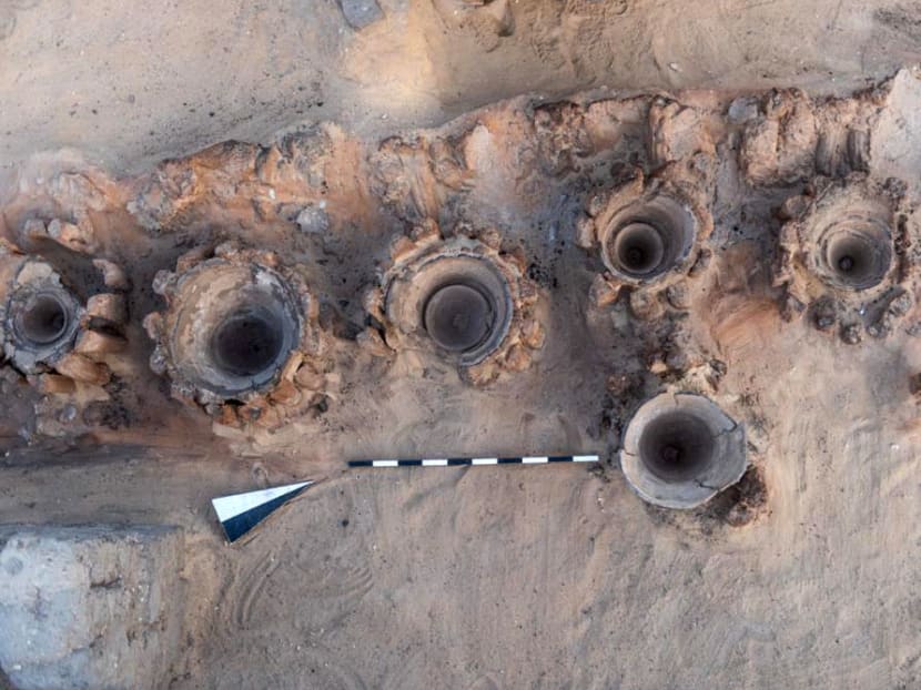 The remains of a row of vats used for beer fermentation, in a complex which may be the world's "oldest" high-production brewery, uncovered in the Abydos archaeological site near Egypt's southern city of Sohag.
