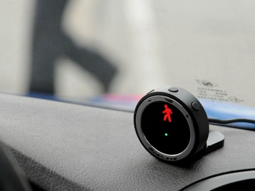 The Mobileye camera displays the warning symbol for a pedestrian ahead. Photo: ComfortDelGro