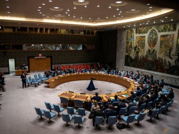 Members of the Security Council attend a meeting on the situation in the Middle East at UN headquarters in New York City, New York, US, on April 14, 2024. 