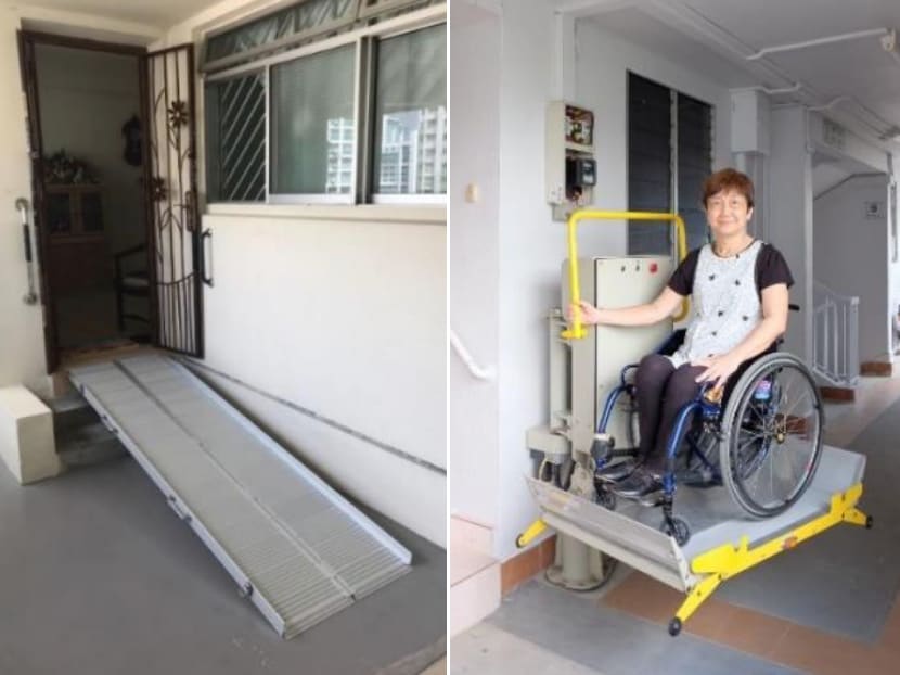 Portable ramp (left) and wheelchair lifter to help residents access their flats more easily and safely.