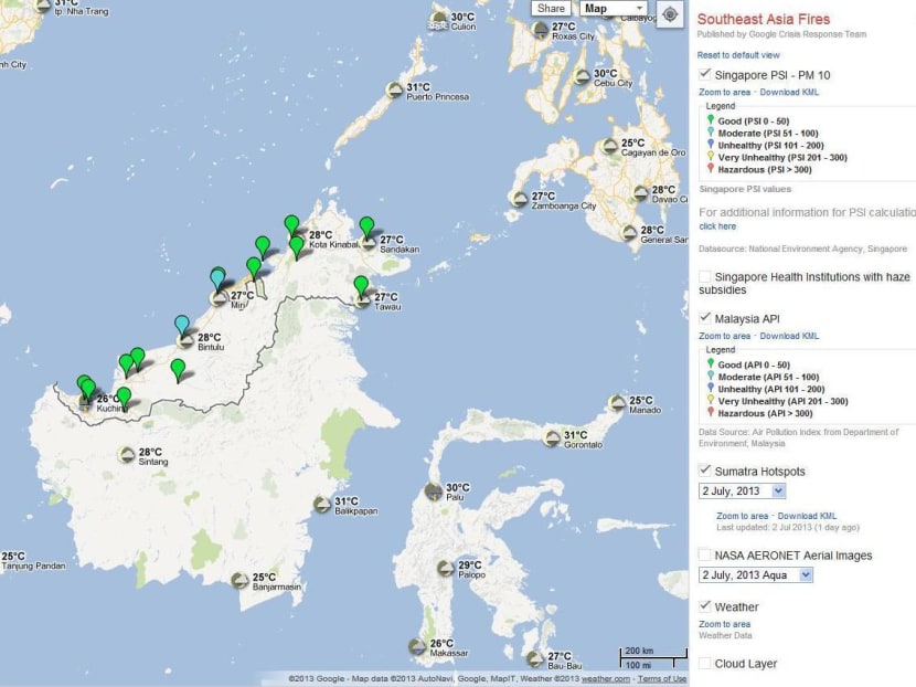 Screenshot of Google's map that tracks the haze across Singapore and Malaysia.