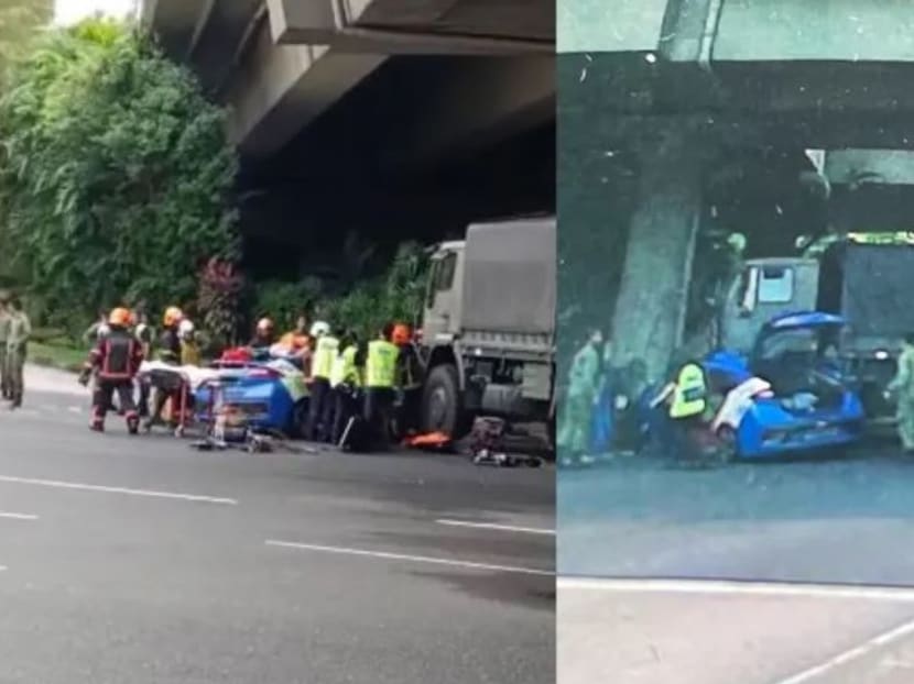 A collage of the road traffic accident involving a ComfortDelGro taxi and an SAF vehicle taken by a CNA reader. 