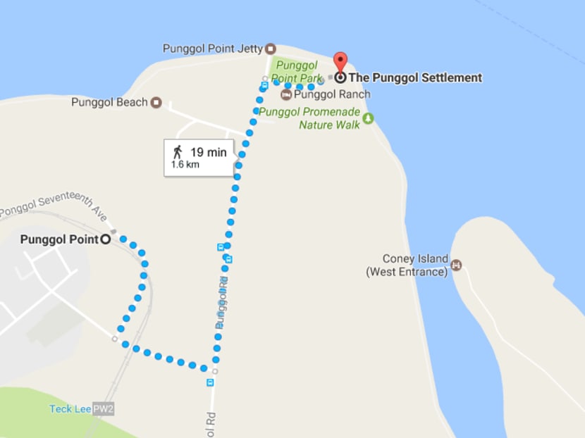 Screengrab from Google Maps showing the walking distance between Punggol Point to The Punggol Settlement.