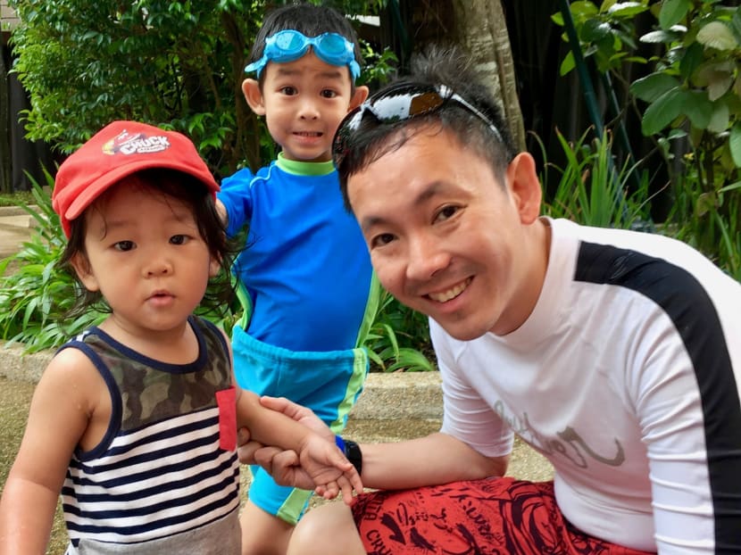 Centre for Fathering CEO Bryan Tan and two of his children on a recent play date. Tan has faced up to the fact that he would "outsource" his fathering duties, to grave consequences. Photo: Bryan Tan