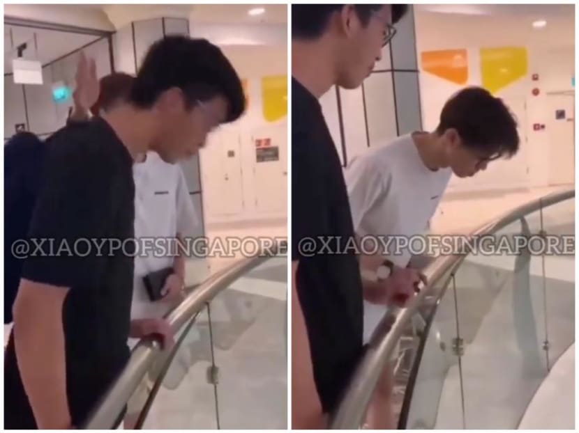 Cai Jiaxu (left) was sentenced to nine months of probation for spitting over the fourth-storey railing at Bugis Junction mall.