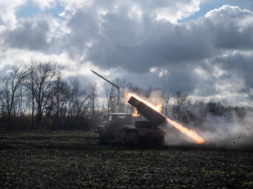 A Ukrainian BM-21 'Grad' multiple rocket launcher fires a rocket towards Russian positions on a front line in the Kharkiv region on Nov 3, 2022. A Ukrainian BM-21 'Grad' multiple rocket launcher fires a rocket towards Russian positions on a front line in the Kharkiv region on Nov 3, 2022.