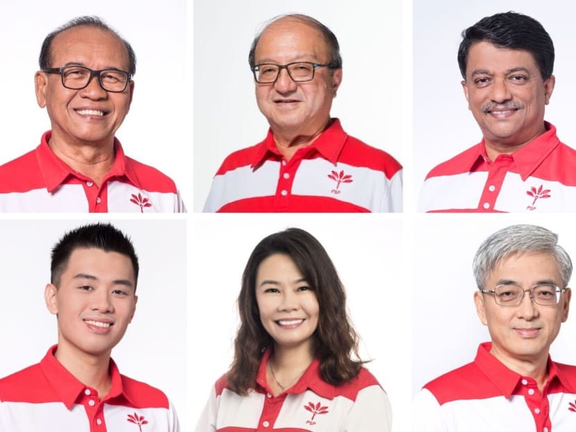 PSP unveiled six new candidates (from top left, clockwise): Mr Abas Kasmani, Dr Ang Yong Guan, Mr Harish Pillay, Dr Tan Meng Wah, Ms Kayla Low and Mr Choo Shaun Ming.