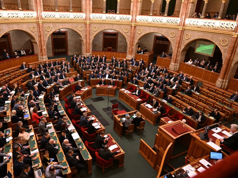 A general view shows a parliamentary session as the representatives of the Hungarian Parliament vote about Finland's Nato accession, in the main hall of the parliament building in Budapest on March 27, 2023.
A general view shows a parliamentary session as the representatives of the Hungarian Parliament vote about Finland's Nato accession, in the main hall of the parliament building in Budapest on March 27, 2023.