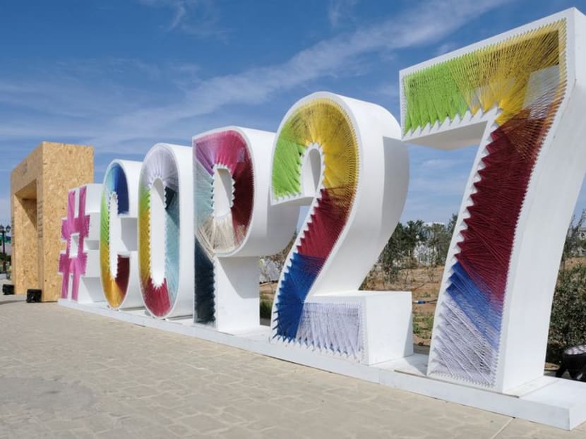 The COP27 sign is seen at the Green Zone at the UN climate summit in Red Sea resort of Sharm el-Sheikh, Egypt, on Nov17, 2022.