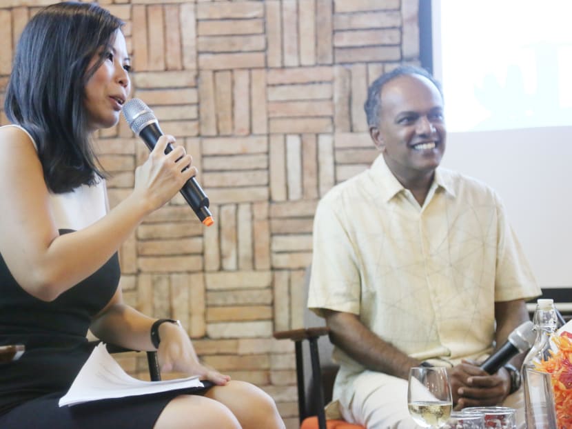 Law Minister K Shanmugam with The Hub CEO Grace Sai at a dialogue with start-ups yesterday. Mr Shanmugam says the Govt will try to create a helpful environment for start-ups. Photo: Gone Adventurin