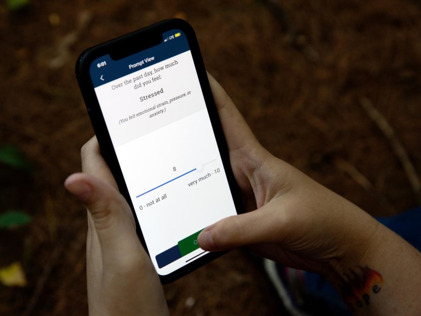Ms Katelin Cruz displays a survey question within an app on her smartphone in Ware, Mass., on Sept 2, 2022. Ms Cruz uses her phone and FitBit to submit data about her mood and other metrics to Harvard researchers studying suicidal tendencies.