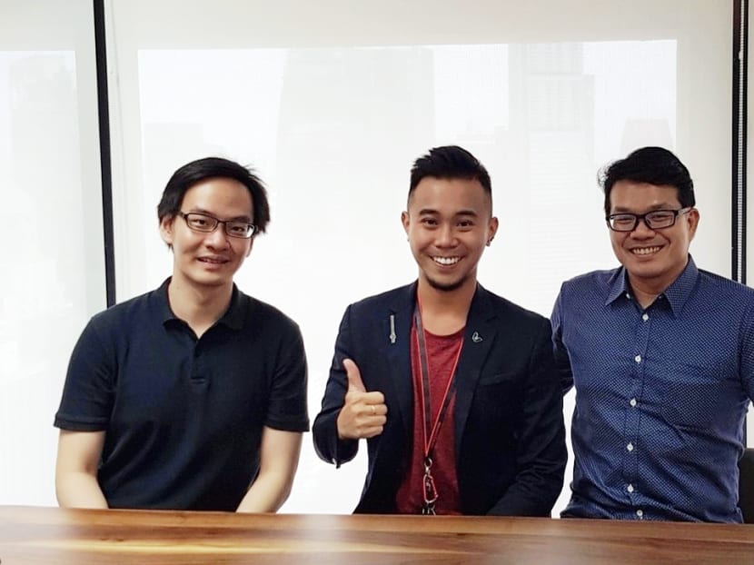 The author (centre) with Kah Wee (left), an NTU undergraduate who is one of his four current mentees, and his mentor at work, Chon Hsing (right).