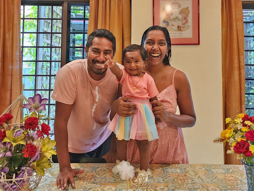 Ms Jayasutha Samuthiran, 32, with her husband, Gouthaman Haridass, 34, and their daughter Milir. The young family intends to expand their family but are mindful of rising costs. Ms Jayasutha Samuthiran, 32, with her husband, Gouthaman Haridass, 34, and their daughter Milir. The young family intends to expand their family but are mindful of rising costs.