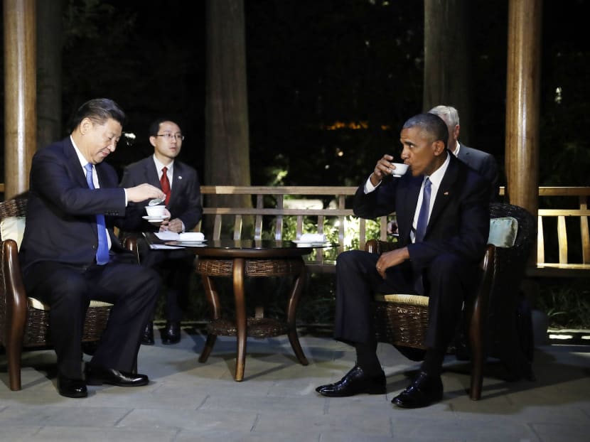 US President Barack Obama and Chinese President Xi Jinping at the West Lake State Guest House in Hangzhou in eastern China’s Zhejiang province on Sept 3. Prime
Minister Lee Hsien Loong noted that Mr Obama and US Vice-President Joe Biden have spoken to Mr Xi at length on different occasions, but it was not clear what the nature of their relationship was or how directly they were able to discuss issues. Photo: AFP