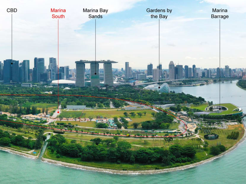 An aerial view of the Marina South site. Analysts say the Marina Gardens Lane site, which is located next to Gardens by the Bay and overlooks the Marina Reservoir and the Straits of Singapore, is expected to be well-received.