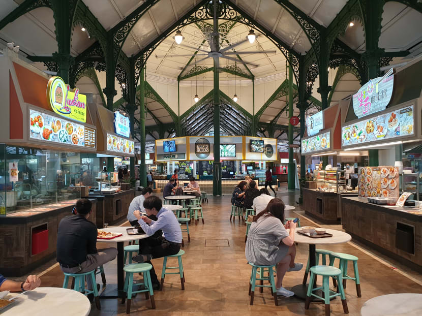 A snapshot of patrons at the relatively quiet Lau Pa Sat food centre at lunchtime on July 12, 2021. A snapshot of patrons at the relatively quiet Lau Pa Sat food centre at lunchtime on July 12, 2021.
