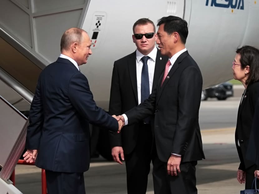 Photo of the day: Russian President Vladimir Putin is greeted by Education Minister Ong Ye Kung at Changi Airport's VIP Complex on Tuesday, Nov 13, 2018. Mr Putin's State Visit to Singapore is in conjunction with his attendance at the 3rd ASEAN-Russia Summit and 13th East Asia Summit (EAS). This will be Mr Putin’s first visit to Singapore as Head of State and first EAS since Russia’s admission in 2011.