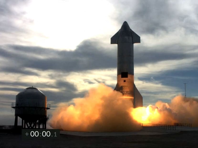 This screengrab from SpaceX's live webcast shows the Starship SN10 prototype during its second attempted test flight of the day at SpaceX's South Texas test facility near Boca Chica Village in Brownsville, Texas, on March 3, 2021.